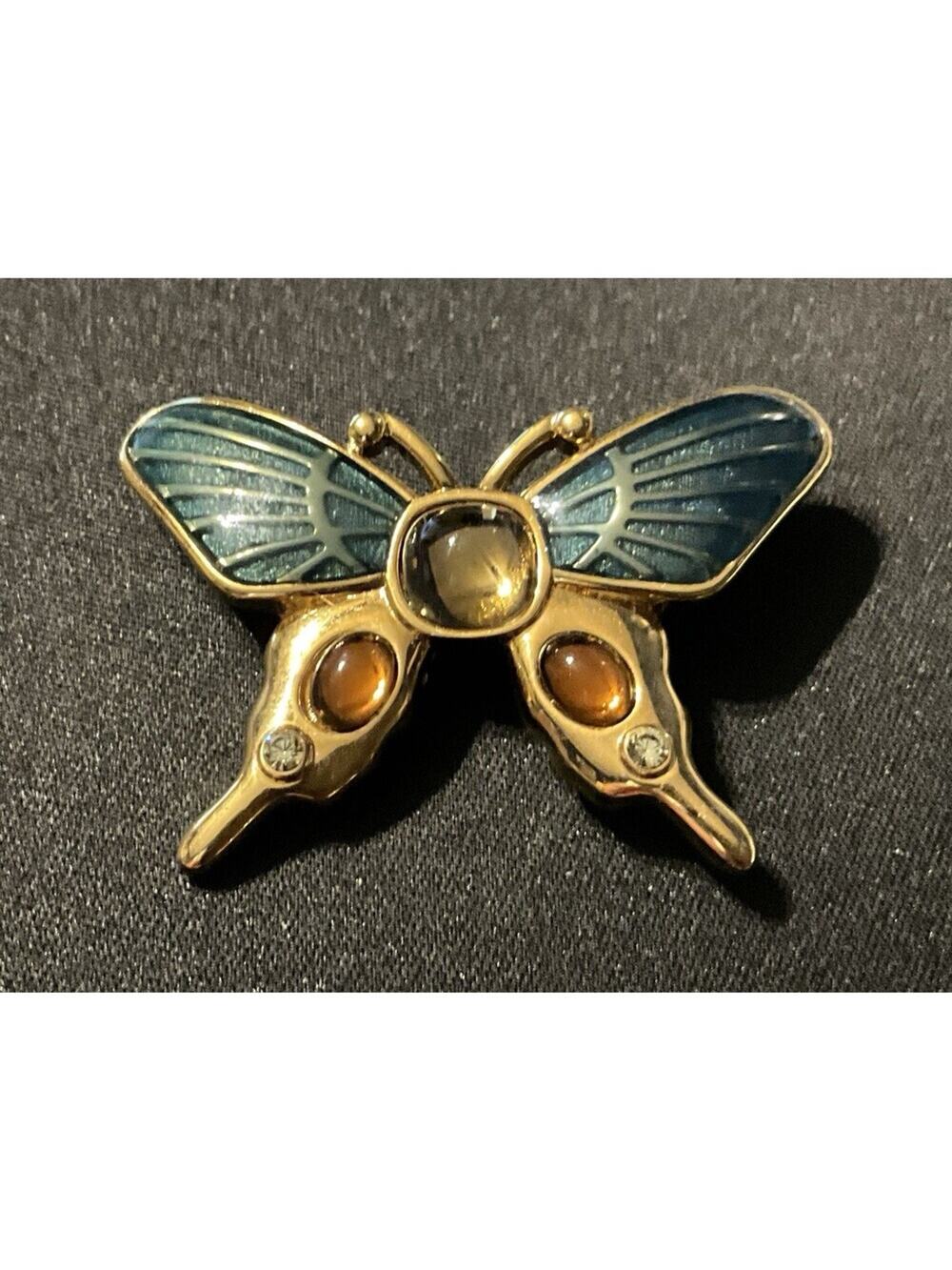 Vintage Monet Signed Enamel And Glass Cabochone Gold Tone Brooch